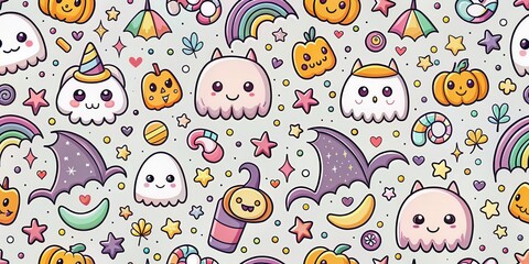Adorable Halloween Ghostly Pattern Featuring Pumpkins, Stars, and Rainbows
