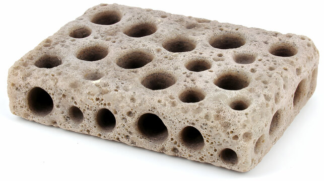 Porous stone aquarium decoration on white background, ideal for fish habitat enhancement