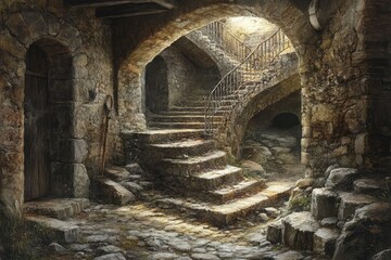 Sunlit stone staircase in ancient, arched building