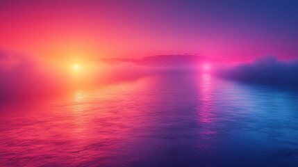 Fototapeta premium Surreal Seascape with Vibrant Sunset Hues and Misty Reflections over the Water