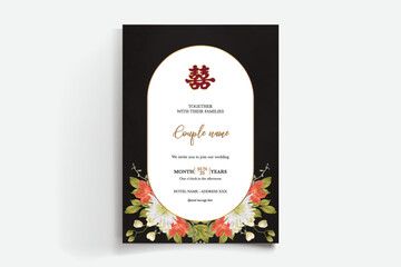 WEDDING INVITATION FRAME WITH FLOWER DECORATIONS AND FRESH LEAVES