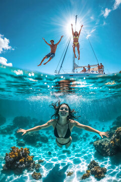 Young woman swims smiling under water, her friends are diving off a white yacht. Vertical layout