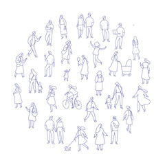 Line art city people crowd big bundle isolated on white. Hand drawn City People vector set. Male and female characters set	