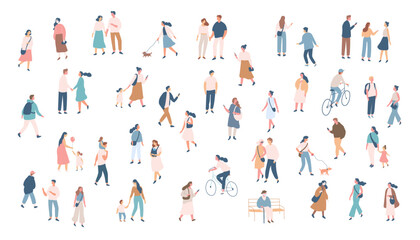People crowd. Background flat design people vector bundle isolated on white background. Men and women, parents, kids walking outdoor.	