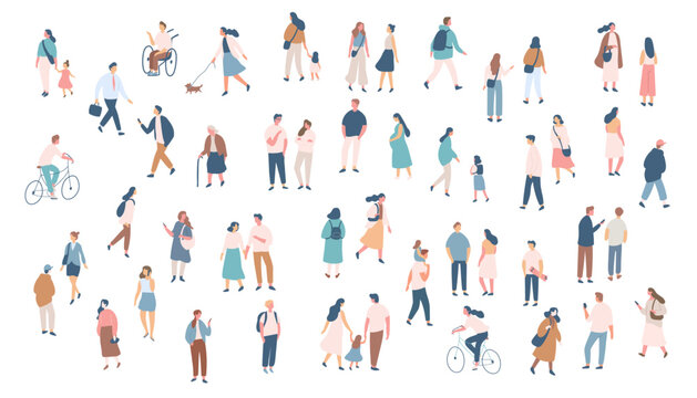 People crowd. Background flat design people vector bundle isolated on white background. Men and women, parents, kids walking outdoor.	