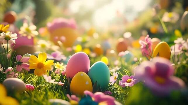family in the park with flowers and colerfull egg