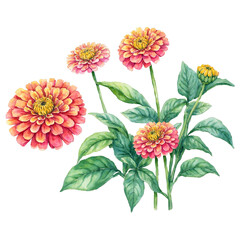Cheerful zinnia flowers with vibrant leaves watercolor art illustration transparent background isolated png stock