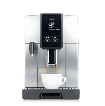 Modern automatic coffee machine with digital display brews double espresso into white cup, isolated on a transparent background PNG. Front view.