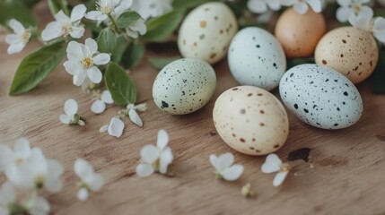 Fototapeta premium Pastel-colored Easter eggs scattered on a wooden table with small spring flowers and green leaves