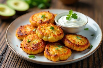 Crispy potato fritters served with a side of creamy cottage cheese, kitchen, snack