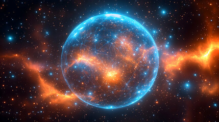 A glowing blue sphere with connected lines amidst a backdrop of stars and fiery orange nebula clouds