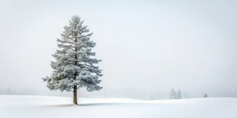 Fototapeta premium Serene Winter Landscape A Single Snow-Covered Evergreen Tree Stands Alone in a Foggy Field