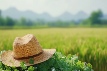 Straw hat rests on a clover patch amidst a golden paddy field.