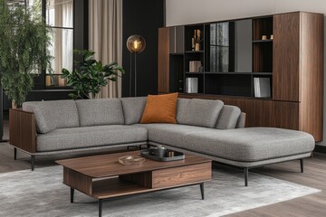 Modern living room with L-shaped sofa, wooden coffee table, and built-in shelving unit