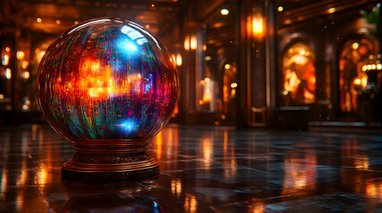 A vibrant crystal ball rests on a reflective surface in an ornate interior