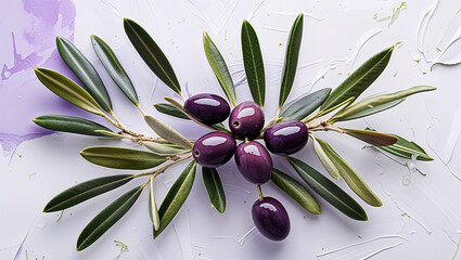 Fresh Olive Branch With Ripe Olives On A Textured White Background