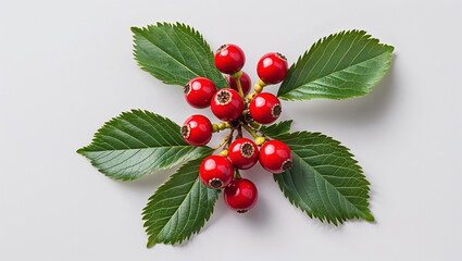 Bright Red Berries And Green Leaves Composition On White Background Close Up Shot
