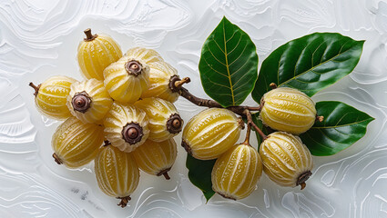 Tropical Fruits Still Life Delicate Yellow Fruits And Leaves On White Background