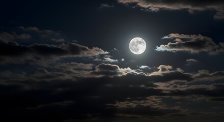AI image featuring a bright full moon shining intensely through patches of scattered, dark clouds across the vast night sky