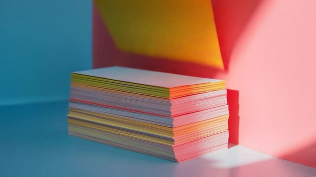 Colorful stack of blank cards on a vibrant background with shadows