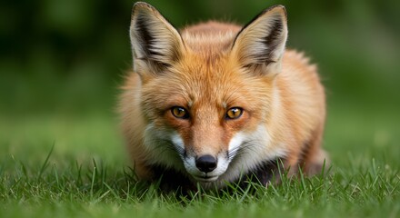 AI image showing a stunning close-up portrait of a red fox looking intently forward, nestled in lush green grass outdoors.