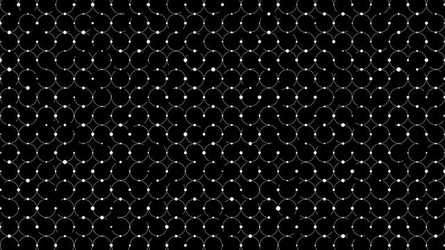 Animation pattern set, seamless loop moving lines, interconnected white circles and small white dots, black and white motion graphics collection for overlay and decorative purposes.