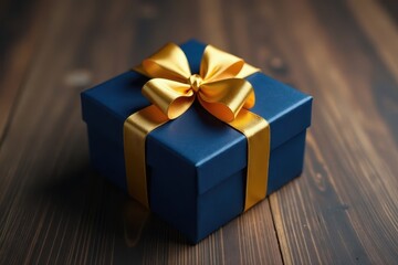 Obraz premium Dark blue gift box with gold satin ribbon lies on wooden table, fabric, decorative item