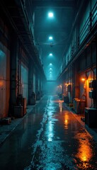 Fototapeta premium Darkened industrial space with MMA cage at center , concrete, MMA