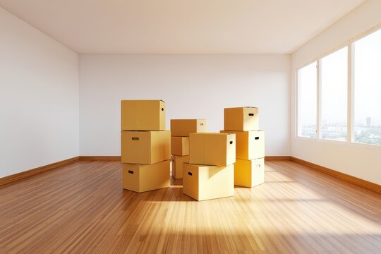 Shot of boxes in a new and empty home during the day
