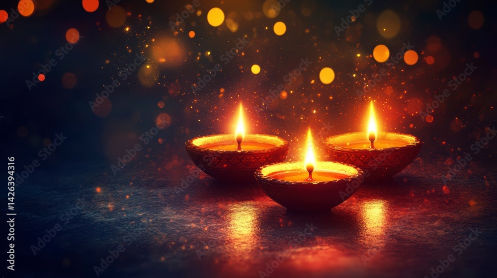 Canvas Prints three lit diyas on dark surface with bokeh lights.