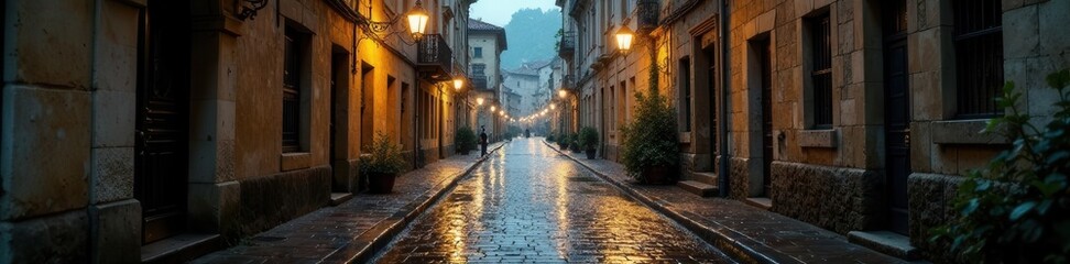 Fototapeta premium Rain-soaked cobblestone street, ancient buildings, serene ambiance, clouds, traditional, historical