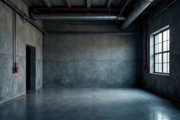 Dark grey concrete walls with metal beams and exposed ducts, dimly lit industrial space, grey, metal