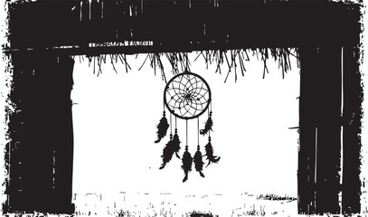 Silhouette of a dreamcatcher hanging in a rectangular wooden frame with a grunge effect background