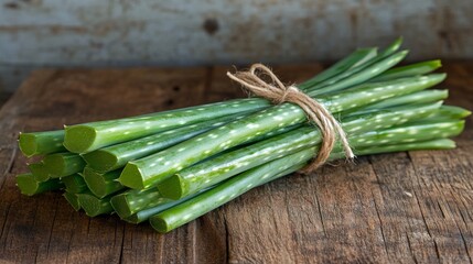 A bundle of fresh aloe vera leaves tied together with twine resting on a rustic wooden surface
