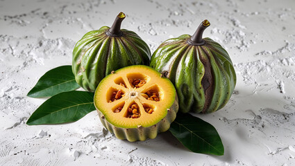 Still Life With Fresh Green Fruit And A Slice On White Texture Background
