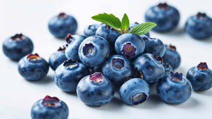 Fresh Blueberries Pile With Green Leaves On A White Table Top Macro Shot