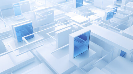 3d rendering of white and blue abstract geometric background. Scene for advertising, technology, showcase, banner, game, sport, cosmetic, business, metaverse. Sci-Fi Illustration. Product display
