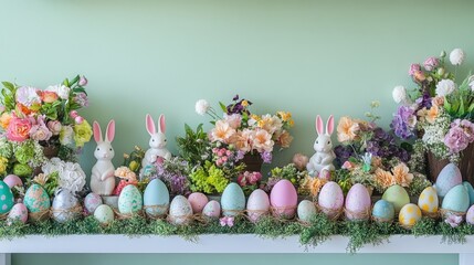 Obraz premium Shelf display of finished Easter crafts with colorful eggs, bunny figurines, and floral accents