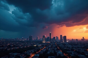 Fototapeta premium Dark storm clouds gather over city skyscrapers at dusk , thunder, night sky