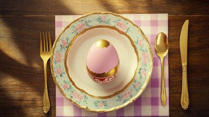 Simple Easter greeting card on a plate with golden cutlery and egg napkin ring