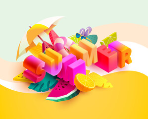 Word "summer" with colorful citrus fruits and tropical leaves.