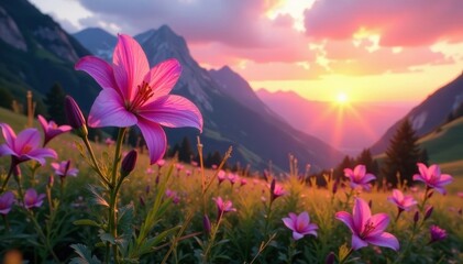 Fototapeta premium Pink lily sunset meadow, vibrant purple flower, mountain flora, flora, clouds, wildflower