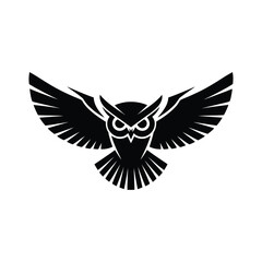 Vector Black Flying Owl Silhouette with Outstretched Wings in Tribal Style Isolated on white Background
