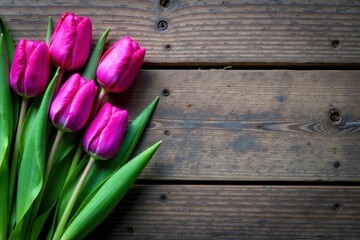 Decaying wooden planks with vibrant purple tulips, decay, vibrant