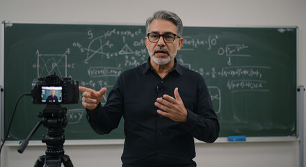 Man in black shirt teaching in front of a chalkboard being recorded by a camera on a tripod