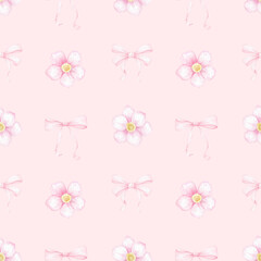 Obraz premium flowers, bow. Watercolor seamless pattern for textile and wrapping paper. Cute spring illustration for Valentine's Day, Mother's Day, Birthday