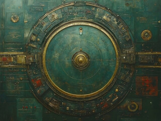 Fototapeta premium Intricate teal and golden device with various circuits knobs and lines Mechanical and antique-like appearance