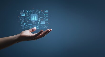 Hand presenting innovative technology interface, showcasing data and advanced systems