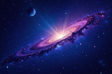 Fototapeta premium Deep cosmic view of starry night sky with swirling galaxies and distant planets in shades of blue and purple, cosmos, nebulae