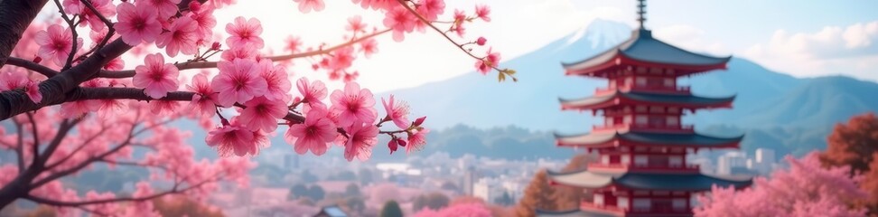 Fototapeta premium Pink sakura blossoms in full bloom, Hokkekyo Temple pagoda backdrop , delicate, Japan, sakura petals